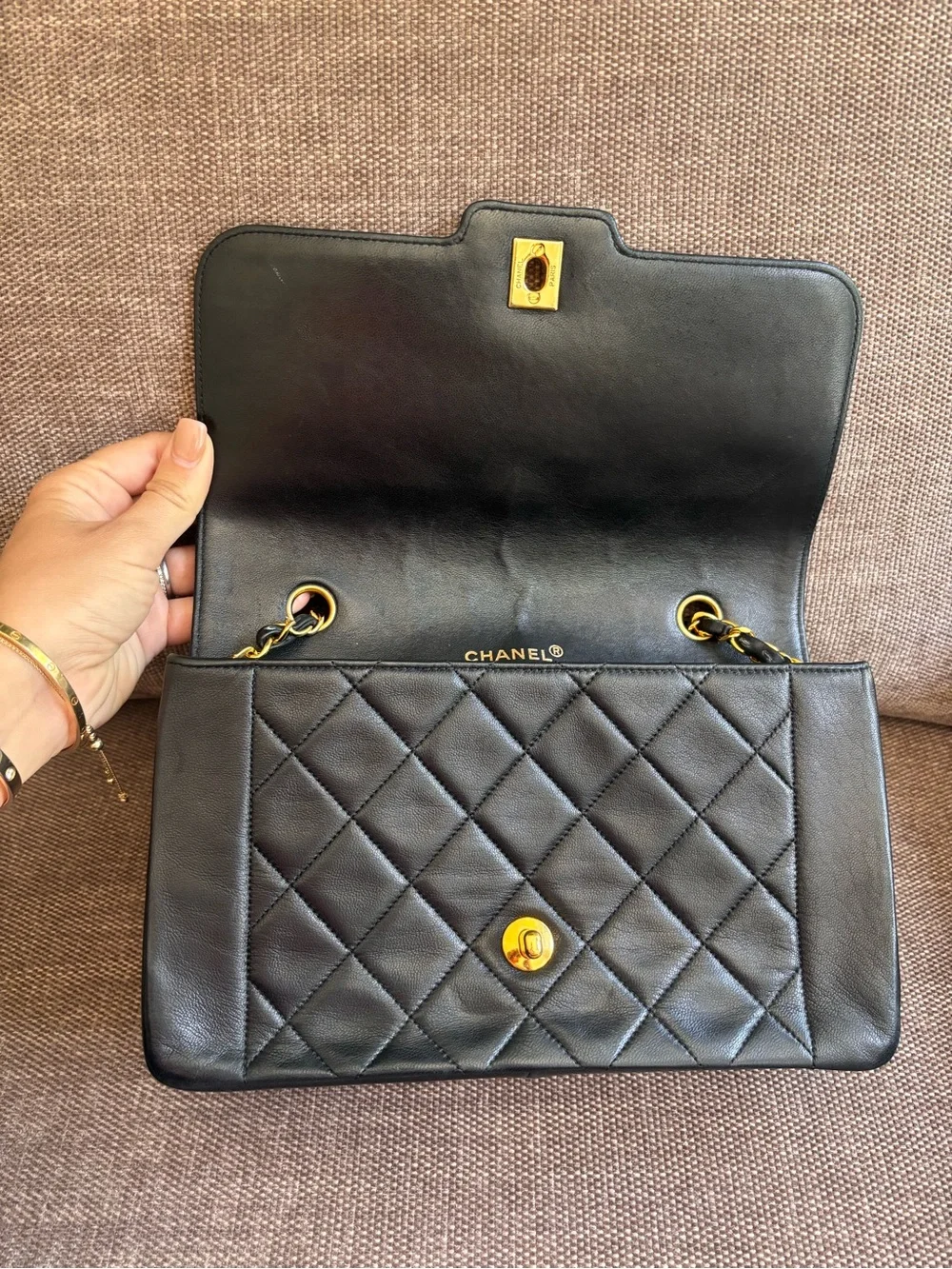 Authentic CHANEL Rare 24k gold black lambskin leather Diana bag